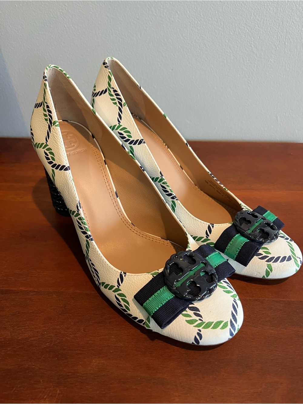 Tory Burch Maritime Block Heel Leather Pumps Green And Blue Nautical Rope Sz 10M - Picture 3 of 10